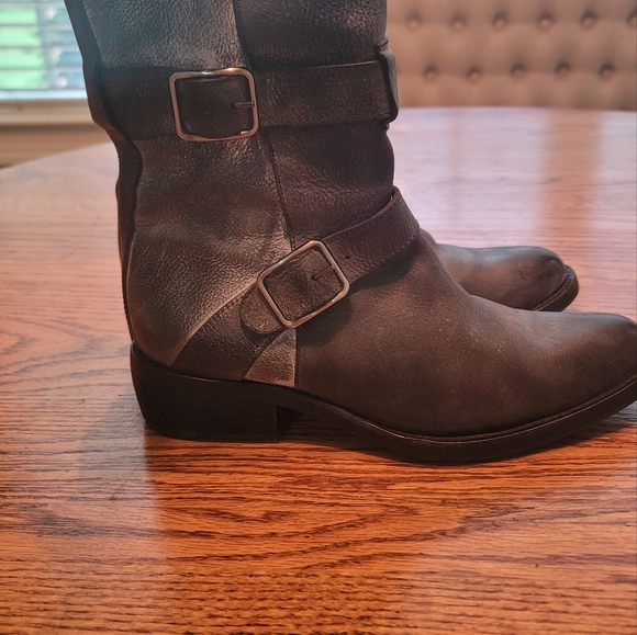 Rezzo Distressed Black White Genuine Leather Moto Combat Shoes Tall Boots - Picture 3 of 14